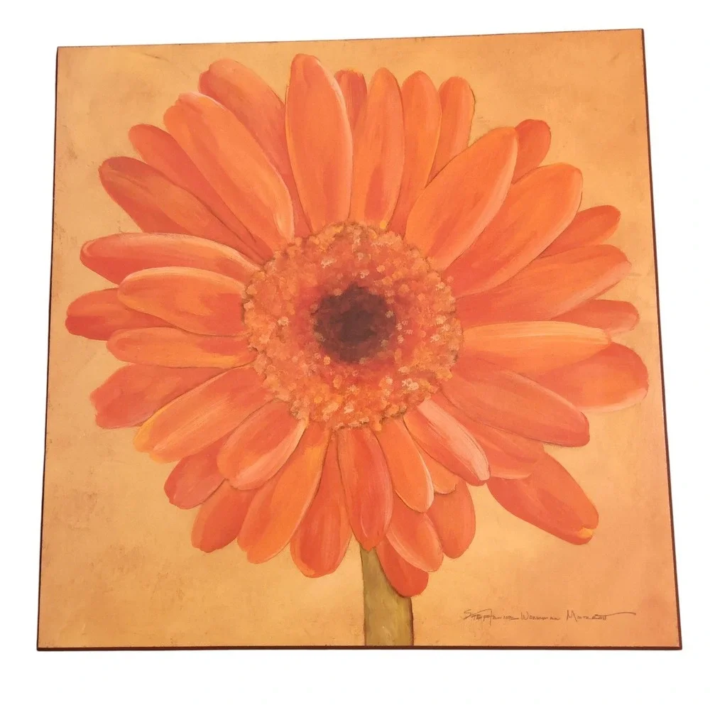Set of 2 Square Canvas Wall Art Floral Gerbera Daisy Orange Peach Decor‎